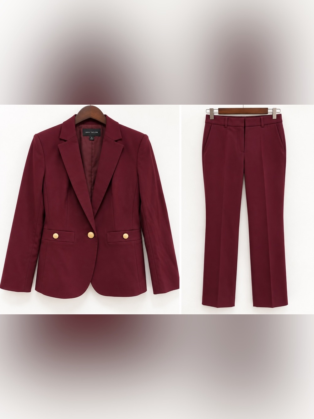 Ann Taylor Burgundy Wine Gold Button Pantsuit – Blazer 8 / Pants 6 – Worn Once